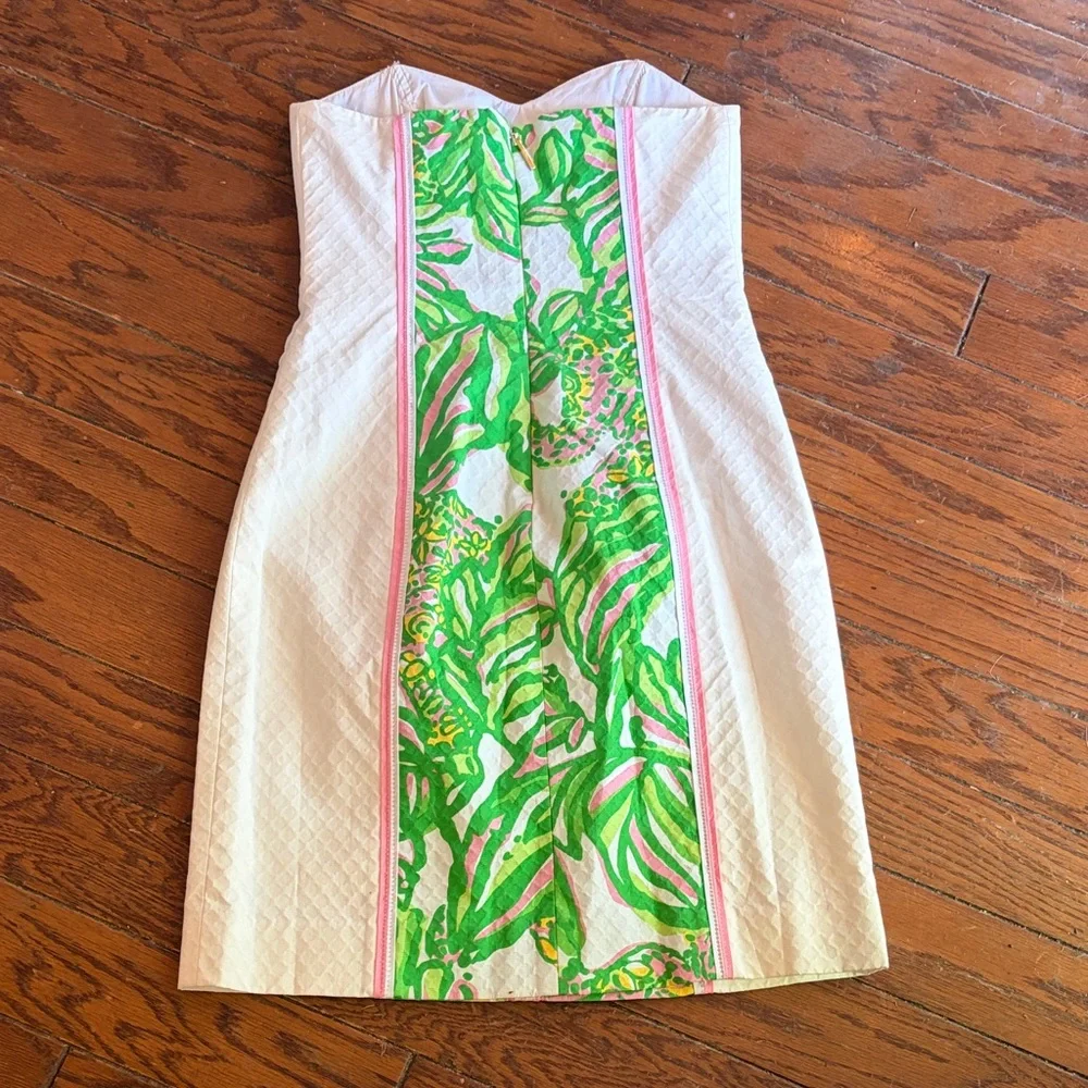 Lilly Pulitzer Strapless White Dress with Green & Pink Floral Panel - Picture 3 of 6